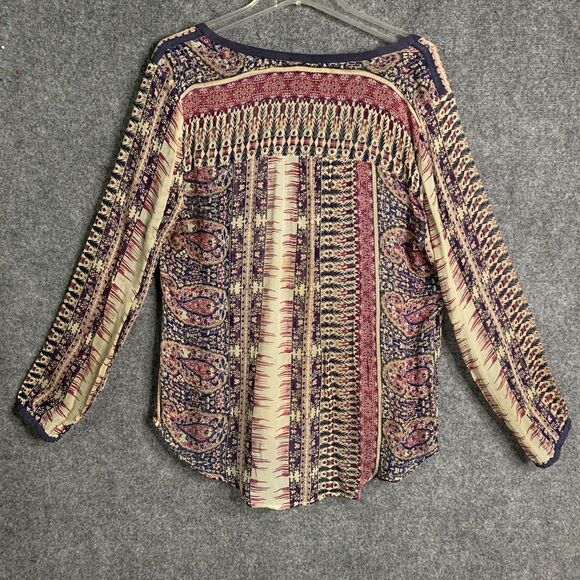 Lucky Brand Semi Sheer Top Pull Over Dark Paisley Striped Scarf Print Hi Low - Picture 7 of 10